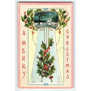 Vintage Embossed Christmas Postcard Holly & Snowy Cottage 1910s